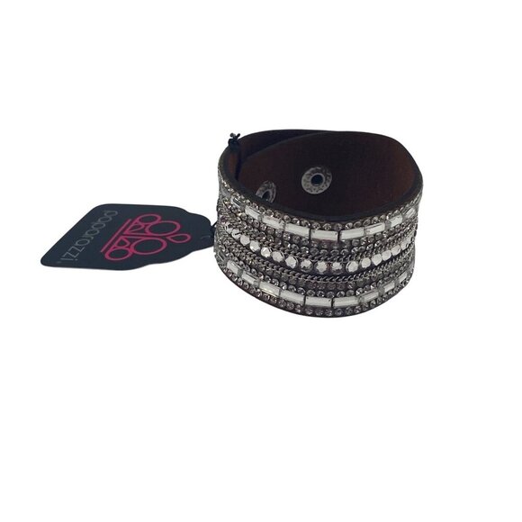 Paparazzi Jewelry Rebel Radiance Brown Fold Over Snap Bracelet Rhinestone Stud - Picture 2 of 9